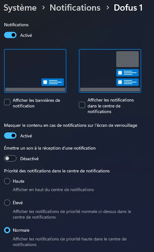Paramètres notifications Dofus